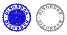 Grunge DISORDER Stamp Seals Isolated On A White Background. Rosette Seals With Grunge Texture In Blue And Grey Colors. Vector Rubber Stamp Imprint Of DISORDER Caption Inside Round Rosette.