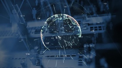 Animated globe against cables in computer in background