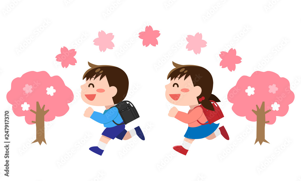 走る小学生の男の子 女の子 春 Wall Mural Wallpaper Murals マメハル