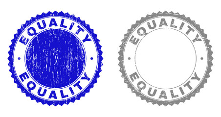 Grunge EQUALITY stamp seals isolated on a white background. Rosette seals with grunge texture in blue and grey colors. Vector rubber watermark of EQUALITY tag inside round rosette.