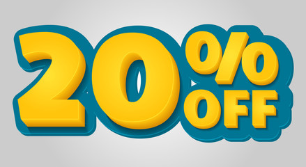 Wall Mural - 20% off discount banner. Special offer sale tag in 3d style. Blue and yellow vector illustration.