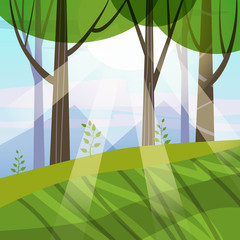 Wall Mural - Beautiful Spring forest trees, green foliage, landscape, bushes, silhouettes of trunks, horizon. Rays of sunlight. Vector minimal style illustration template baner poster isolated