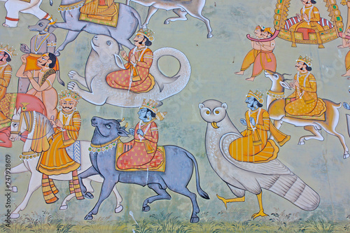 Fotomural Colorful indian mural in the fort at Jodhpur showing a royal procession, includi