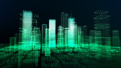 Wall Mural - energy power of future big city concept, colorful green neon skyscraper building of downtown busines