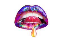 Sweet Lips And Tongue. Honey Drop On Woman Lips. Sweet Kiss Icon. Women Mouth In Different Colors. Bright Cosmetics Concept. Seductive Girl. The Lips Isolated On A White Background. White Teeth.