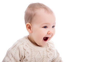 Wall Mural - portrait of surprised baby girl isolated on white