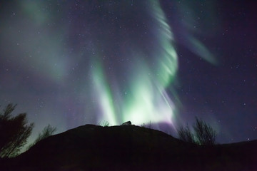 northern lights in norway in green, blue and violet colours and a silhouette of a mountains in front