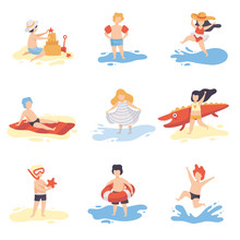 Collection Of Cute Kids In Bathing Suits Playing And Having Fun On Beach On Summer Holidays Vector Illustration
