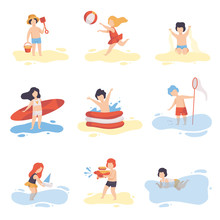 Collection Of Cute Boys And Girls In Bathing Suits Playing And Having Fun On Beach On Summer Holidays Vector Illustration