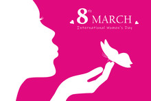 Young Girl With Butterfly Silhouette Womans Day 8th March Vector Illustration EPS10