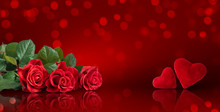 Decorative Card For Valentines Day Or Wedding With Roses Bouquet And Two Hearts On Red Background With Glowing Bokeh