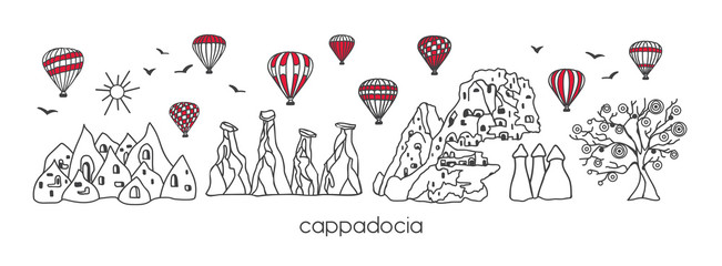 vector modern illustration cappadocia with hand drawn doodle turkish symbols. horizontal panoramic s