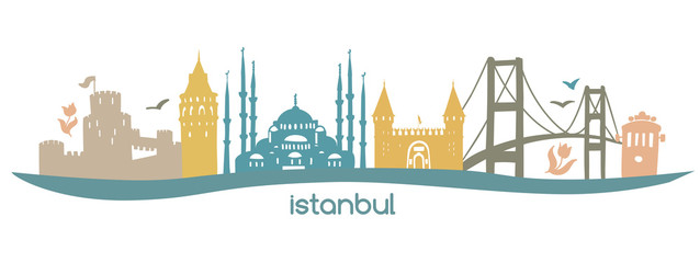 Wall Mural - Modern flat horizontal vector illustration Istanbul with silhouette of famous turkish symbols: tower, bridge, gate, mosque in Turkey. Skyline banner in pastel colors isolated on white background. - Ve