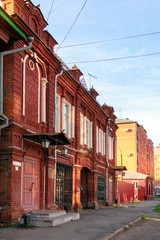 Wall Mural - Facade of the 19th century house of merchant Andreev on Sovetskaya street in the center of Kurgan, Russia.