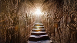 EGYPT Edfu, Aswan temple, completed by Ramses II (-1200). Passage flanked by two glowing walls full of Egyptian hieroglyphs, illuminated by a warm orange backlight from a door at the