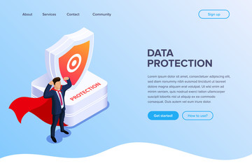 Wall Mural - Data protection or superhero worker concept with characters. Can use for web banner, infographics, hero images. Flat isometric vector illustration isolated on white background.