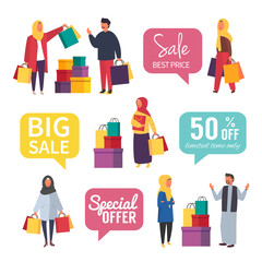 Muslim women at sale making shopping with discount. Vector illustration