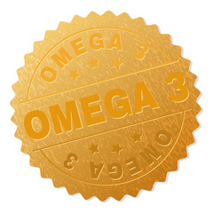 Wall Mural - OMEGA 3 gold stamp medallion. Vector golden award with OMEGA 3 text. Text labels are placed between parallel lines and on circle. Golden surface has metallic texture.