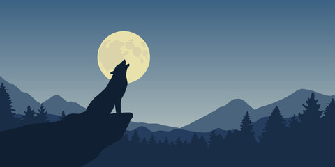 Naklejka na meble wilk wyje przy pełni księżyca natury zieleni krajobrazu wektorową ilustracją EPS10
