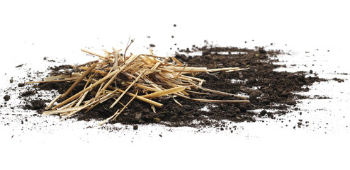 Soil, dirt pile with straws isolated on white background