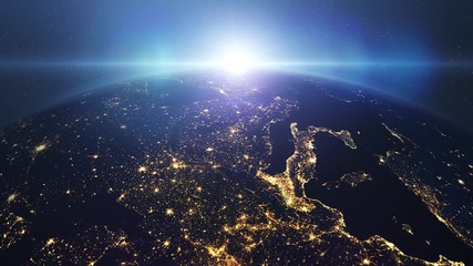 Wall Mural - sunrise above planet earth and europe seen from space