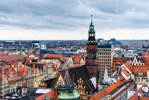Fototapeta na szkło Landmark view of Wroclaw red rooftops and cathedrals