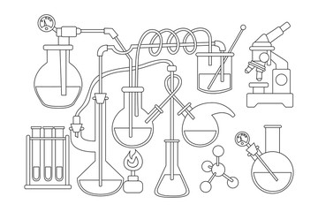 Science and chemistry doodle background. Black and white coloring book page