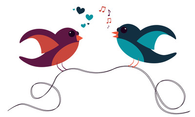 two cute birds standing on wire and communicate with heart and music notes