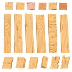 Set of icons of textured wooden boards, bars, and parts of a tree. Vector illustration