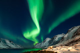 Fototapeta Tulipany - Amazing Aurora Borealis in North Norway (Kvaloya), mountains in the background