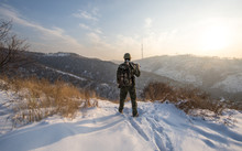 Military With A Gun On The Mountain In Winter, Military Operation