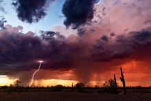 Thunderstorm Lightning At Sunset In The Arizona Desert