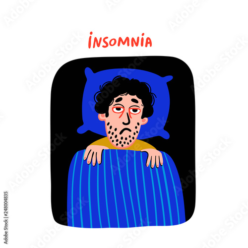 Psychology Sleep Disorder Man Character With Insomnia In Bed