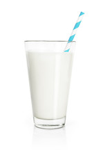 Glass Of Fresh Milk With Drinking Straw, Isolated On White Background. Pure Milk, Soy Milk Or Cow Milk, Cut Out Object.