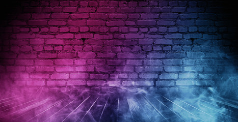 Background of empty brick old wall, wooden floor, spotlight, neon light, smoke