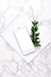 © KatrinaEra - Mobile phone and white notebook on a marble background with greens