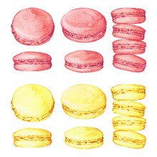 Set Of Delicious Hand Drawn French Macarons In Different Positions And Colors. Watercolor Realistic Illustration On White Background. Sweet Cookies.