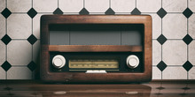 Radio Old Fashioned On Wooden Desk, Retro Wall Background, 3d Illustration