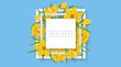 White square frame with yellow daffodil flower and green leaf, on blue background. Vector illustration for spring banner design, template for nature or Easter designs