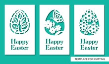 Set Of Greeting Card With Eggs And Text Happy Easter. Floral Pattern And Plant Theme. White Object On A Green Background. Template For Laser Cutting, Wood Carving, Paper Cut Or Printing.