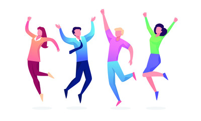 Happy Jumping group of people. Healthy lifestyle, Friendship, Success, celebrating victory concept. Vector illustration