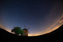 Moravian Windmill At Dusk , Rolling Hill Of Moravia, Sunset Red Sky  