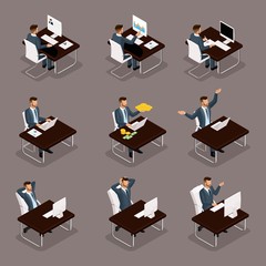 Wall Mural - Trendy isometric people, 3d businessman, concept with young businessman, workflow, search for employees, strategy development, work is isolated on a dark background