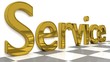 Service sign in gold and glossy letters on a white background and a checkerboard pattern floor for an interesting header for Service concept with copy space. 3d Rendering - Illustration