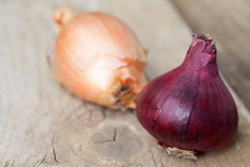 Red and brown onions on a rustic wooden plank