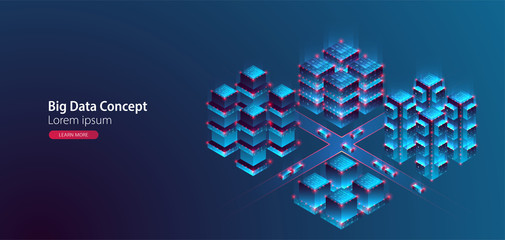 Smart city. Isometric big data concept, database.  Abstract technology background. Vector illustration