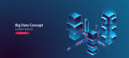 Smart city. Isometric big data concept, database.  Abstract technology background. Vector illustration