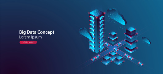 Smart city. Isometric big data concept, database.  Abstract technology background. Vector illustration