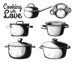 Set of different pots on a white background. Vector