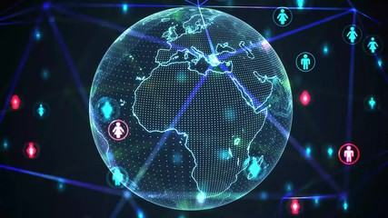Wall Mural - Many people above spinning Earth globe. Social network concept. Looping animation.